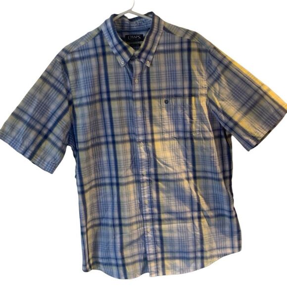 Pre Owned Men’s Chaps Blue Yellow Short Sleeve Button Up Sz XXL Classic Style - Picture 1 of 15